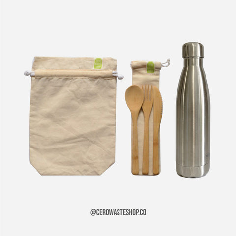 Kits Ahorro, Cubiertos de Bambu y Botella de Acero, Para Llevar, cerowasteshop, Tienda Ecologica Online, Basura Cero, Zero Waste Colombia